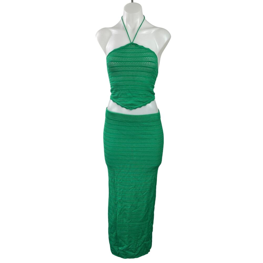 AFRM Green Halter Open Knit Sleeveless Crop Top Midi Skirt Two Piece Set Size S